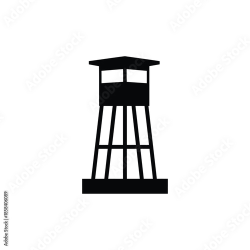 A black silhouette icon illustration of a high military watchtower or prison guard post