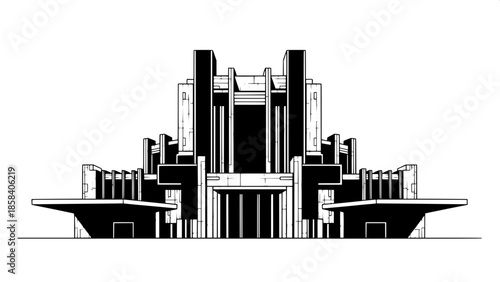Brutalist-Inspired Minimal Art
A minimalist brutalist-style train depot illustration, black silhouette against white background, geometric symmetry, flat lighting, no texture, strong architectural pre