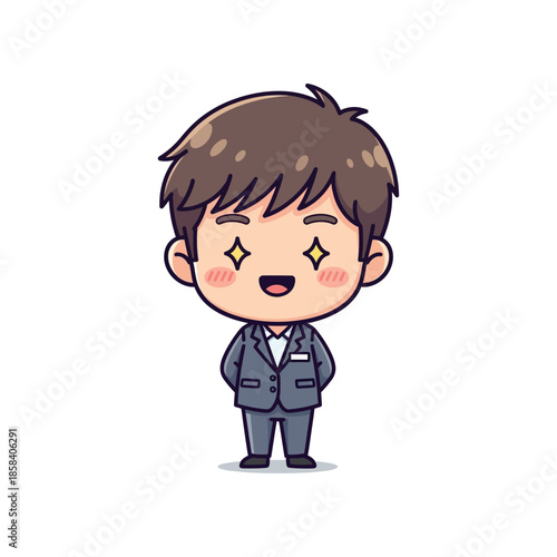 A cheerful cartoon man in a business suit smiles brightly with sparkles.