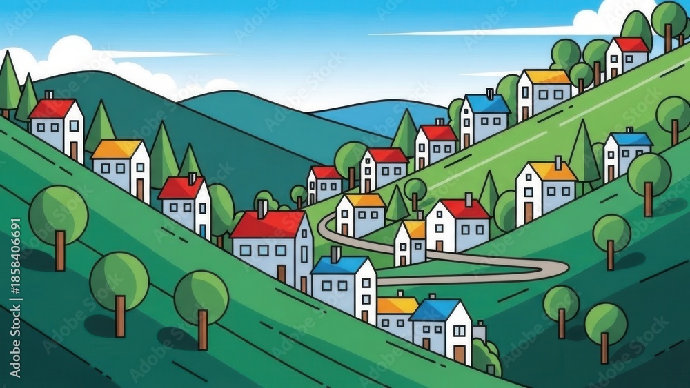 Fototapeta premium A vibrant cartoon village nestled among rolling green hills under a bright blue sky with charming