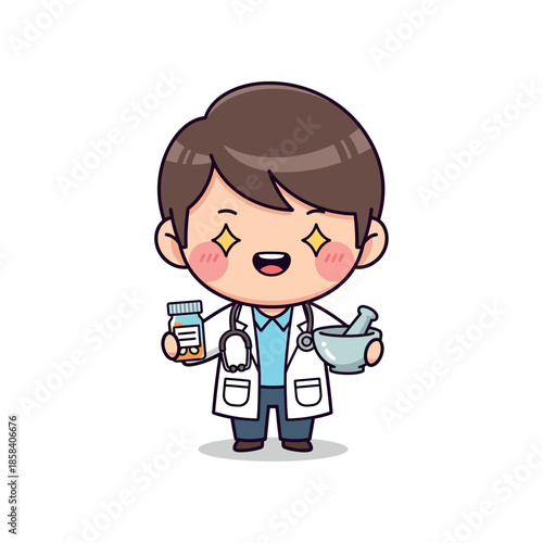 A smiling doctor holds a bottle and mortar in his hands with a cheerful expression.