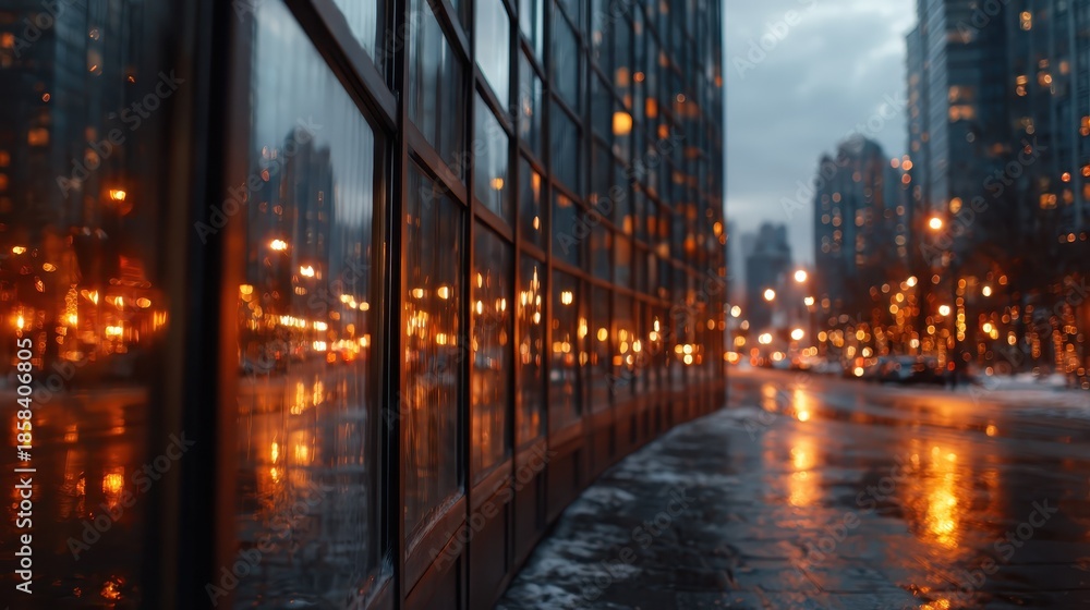 Fototapeta premium The enchanting reflections of city lights on tall glass buildings create a mesmerizing urban landscape, showcasing the beauty of architectural design at twilight.