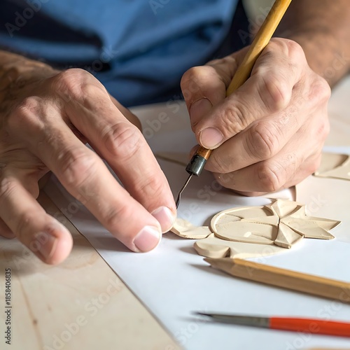 Skilled hands carefully sculpt a clay figure on a white surface, aided by a precision tool under bright lighting