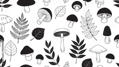 Seamless Pattern of Mushrooms and Leaves for Nature Design
