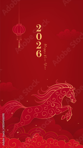 New Year's celebration poster linear layers feel Year of the horse illustration