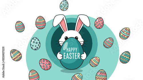 A cute cartoon Easter bunny peeking from behind a large turquoise egg surrounded by colorful decorated Easter eggs.