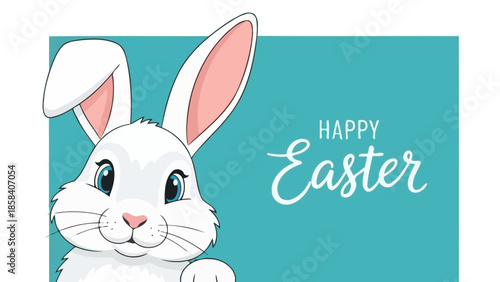 A cute white Easter bunny with pink ears and nose, with a happy Easter greeting.