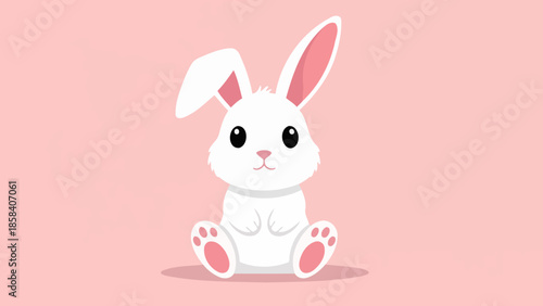Cute white bunny with pink details sitting on a pink background.