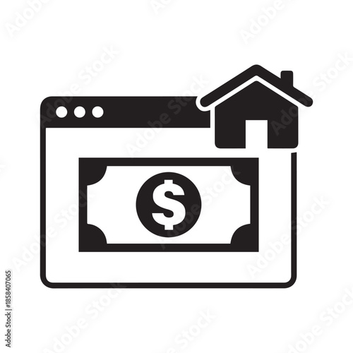 A graphic illustration of a house and money in a browser window silhouette