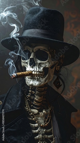 Skull adorned in hat, coat, jewelry, smokes cigar against dark backdrop, creating striking eerie portrait