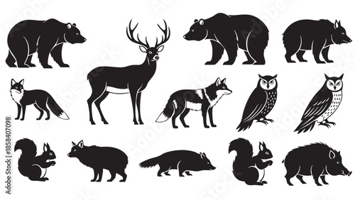 Set of black silhouettes of various animals including bear deer wolf fox owl squirrel boar and others