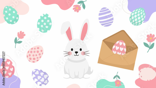 A cute white bunny sits in the center of a festive Easter-themed illustration with colorful eggs and flowers.