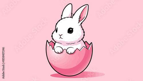 A cute white bunny peeking out of a cracked pink Easter egg against a soft pink background.