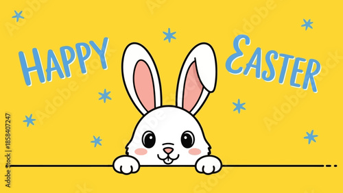 A cheerful illustration featuring a white Easter bunny peeking over a horizontal line with the words 'Happy Easter'.