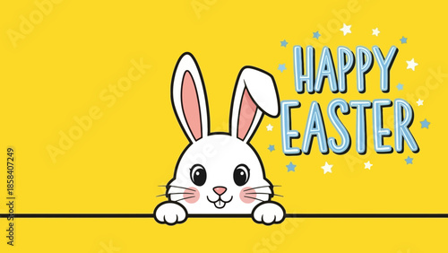 A cheerful Easter image featuring a white bunny peeking over a yellow background with text.