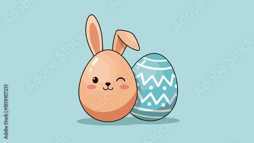 An adorable Easter egg bunny winking next to a decorated blue Easter egg on a light blue background.