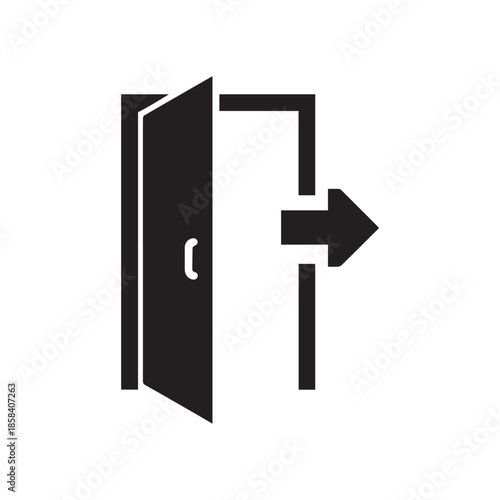 A black and white icon of an open door with an arrow pointing to the right in silhouette mode