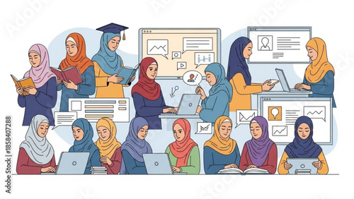 Diverse Muslim women in hijab learning and working with technology education and career concept flat vector illustration