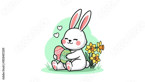 A cute white bunny rabbit is holding a decorated Easter egg, surrounded by daffodils and hearts.