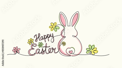 Minimalist line art illustration featuring a bunny with the words "Happy Easter" and flowers.