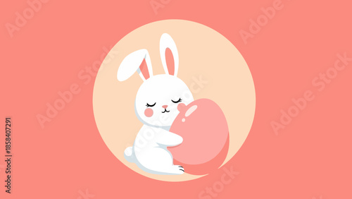 Cute white bunny hugging a pink Easter egg on a peach background.