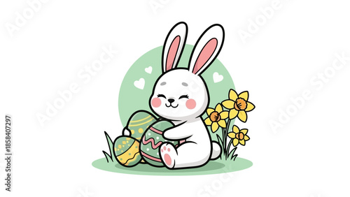 A cute white bunny hugging Easter eggs with daffodils in the background.
