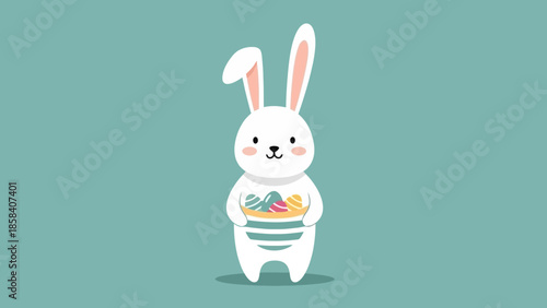 Cartoon Easter bunny holding a basket of decorated eggs on a blue background.