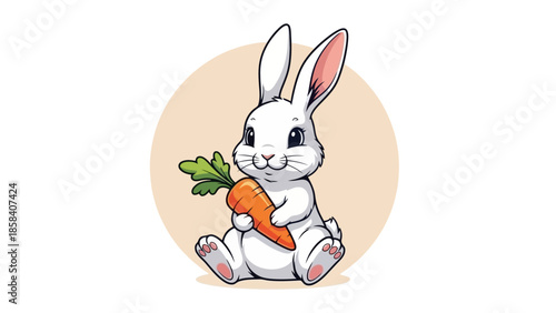 A cute cartoon illustration of a white rabbit holding a fresh orange carrot.