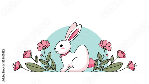 A cute white bunny rabbit sitting among pink flowers and green leaves with a light blue background.