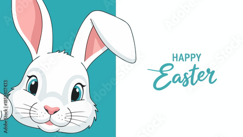 A cute white Easter bunny peeking from the side with 'Happy Easter' text.