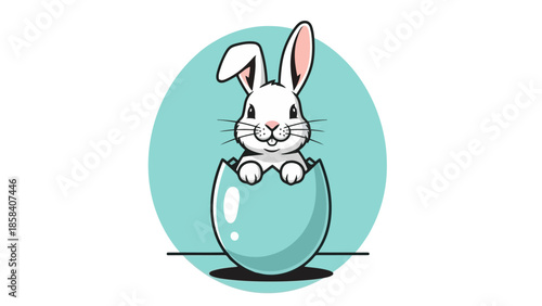 A cute white bunny peeking out of a cracked blue Easter egg.