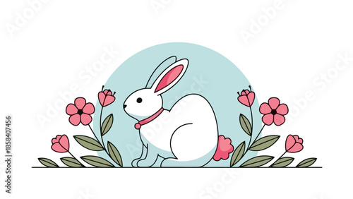 A charming illustration features a white rabbit adorned with a pink collar, surrounded by delicate pink flowers.