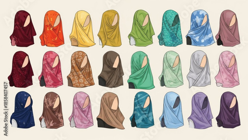 Collection of diverse hijab styles and colors modern Islamic fashion illustrations for modest wear isolated on cream backgr