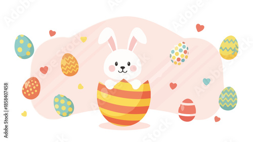 Easter bunny in egg with decorated eggs and hearts.