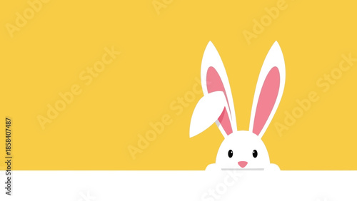 A cute white bunny with long pink-lined ears peeking over a white surface against a yellow background.