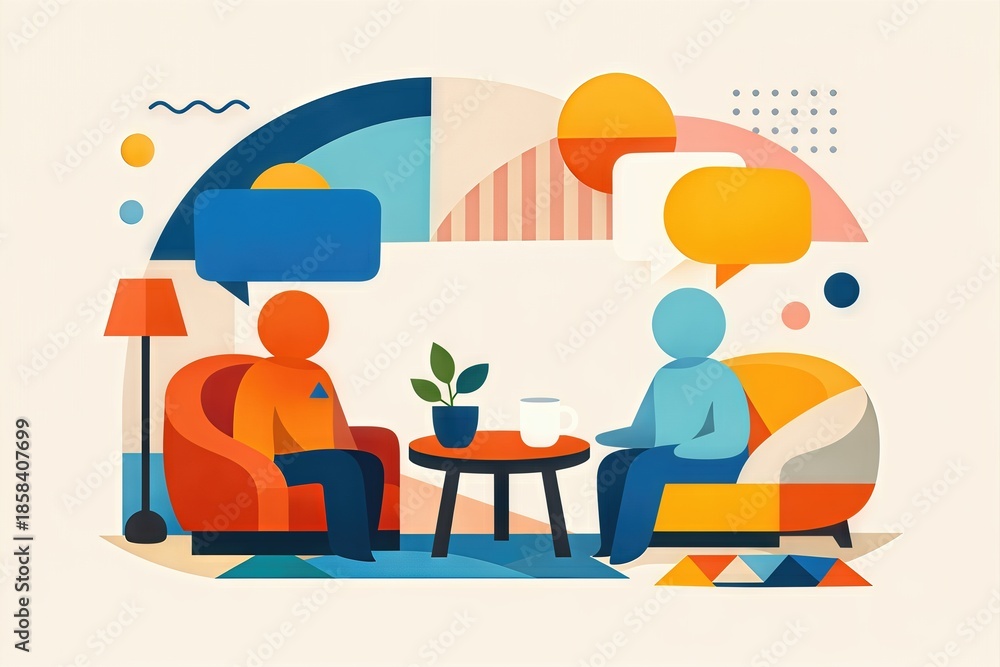 Fototapeta premium Two abstract figures engaged in deep conversation expressing emotional intelligence and connectedness in a vibrant modern living space emphasizing interpersonal dynamics and communication skills