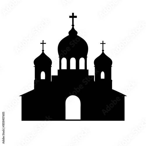 Orthodox Church Silhouette Vector with Onion Domes and Crosses Icon