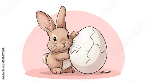 A cute, fluffy bunny rabbit peeking out from behind a large, cracked Easter egg.