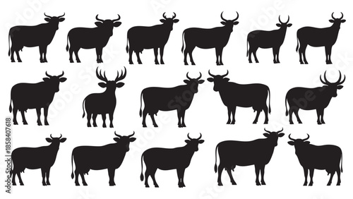 Set of Silhouettes of Different Types of Reindeer with Antlers in Various Poses