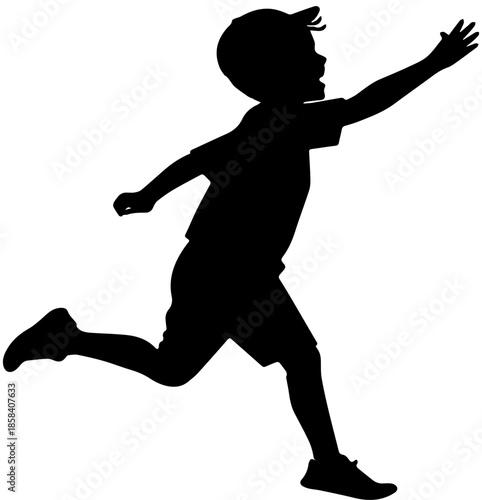Silhouette of Happy Child Running and Reaching with Arm Extended