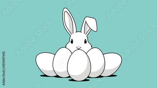 Easter bunny peeking out from behind a pile of white eggs.