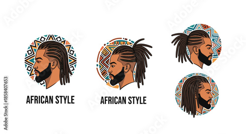 Collection of stylized profile portraits of a man with dreadlocks and a beard showcasing different African inspired geometric patterns.