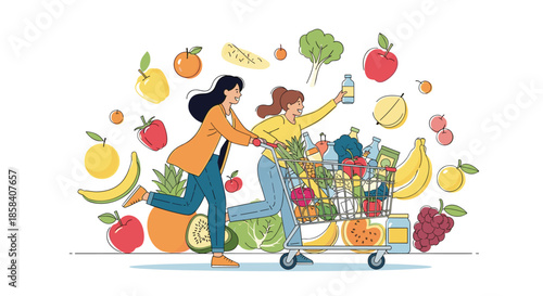 Two happy women run with a shopping cart overflowing with fresh fruits and vegetables against a background of flying produce.