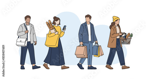 Diverse group of people walking with shopping bags, baskets, and phones representing daily urban life and consumer habits.