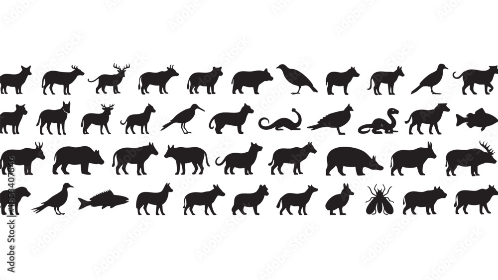 Fototapeta premium Silhouette Collection of Various Animals and Creatures on Transparent Background