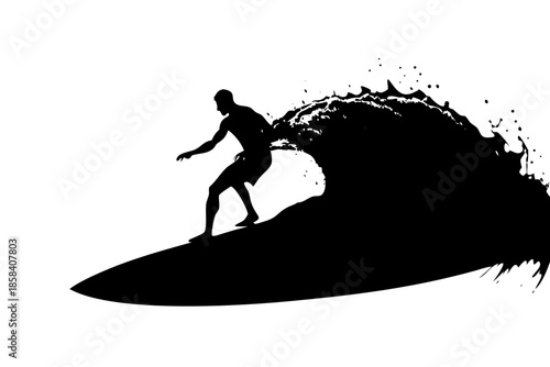 Surfer Riding Big Wave Silhouette Vector Icon for Surfing and Extreme Sports