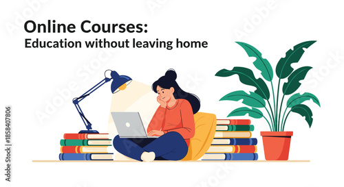 Young girl sits on the floor with a laptop surrounded by piles of books and a desk lamp for online home education.