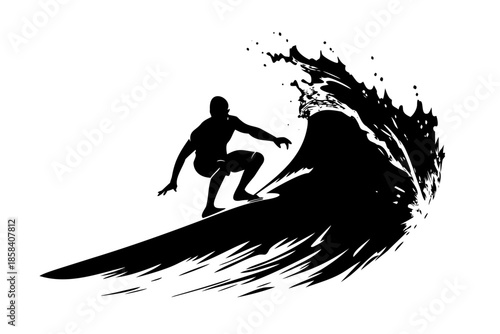 Surfer Riding Big Wave Silhouette Vector Icon for Surfing and Extreme Sports