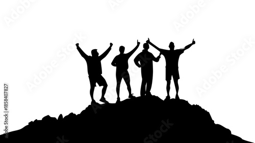 Group of Hikers Celebrating on Mountain Peak Silhouette Vector Illustration