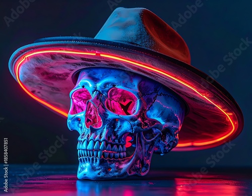 Skull wearing hat illuminated with vibrant neon, set against a stark background, casting a spectral glow